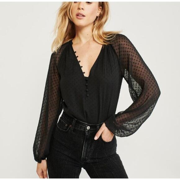 Abercrombie & Fitch Black Swiss Dot Chiffon
Sheer Balloon Sleeve Button Bodysuit - Picture 1 of 7